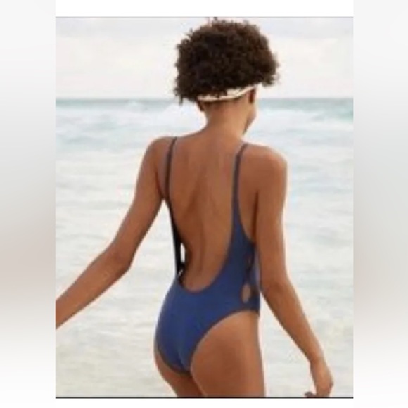 Aerie Swim One Piece High Leg Side Cut Out One Piece Swimsuit S Blue Low Back - Picture 2 of 12